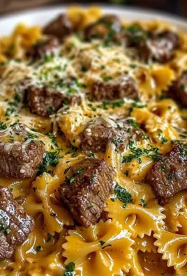 Beef and Bowtie Pasta in Cheddar Sauce