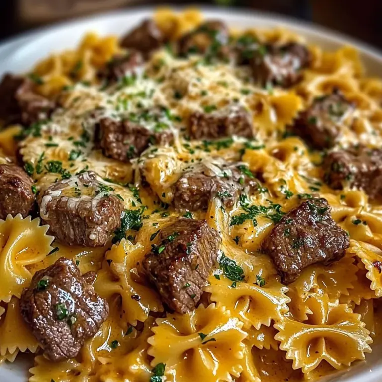 Beef and Bowtie Pasta in Cheddar Sauce