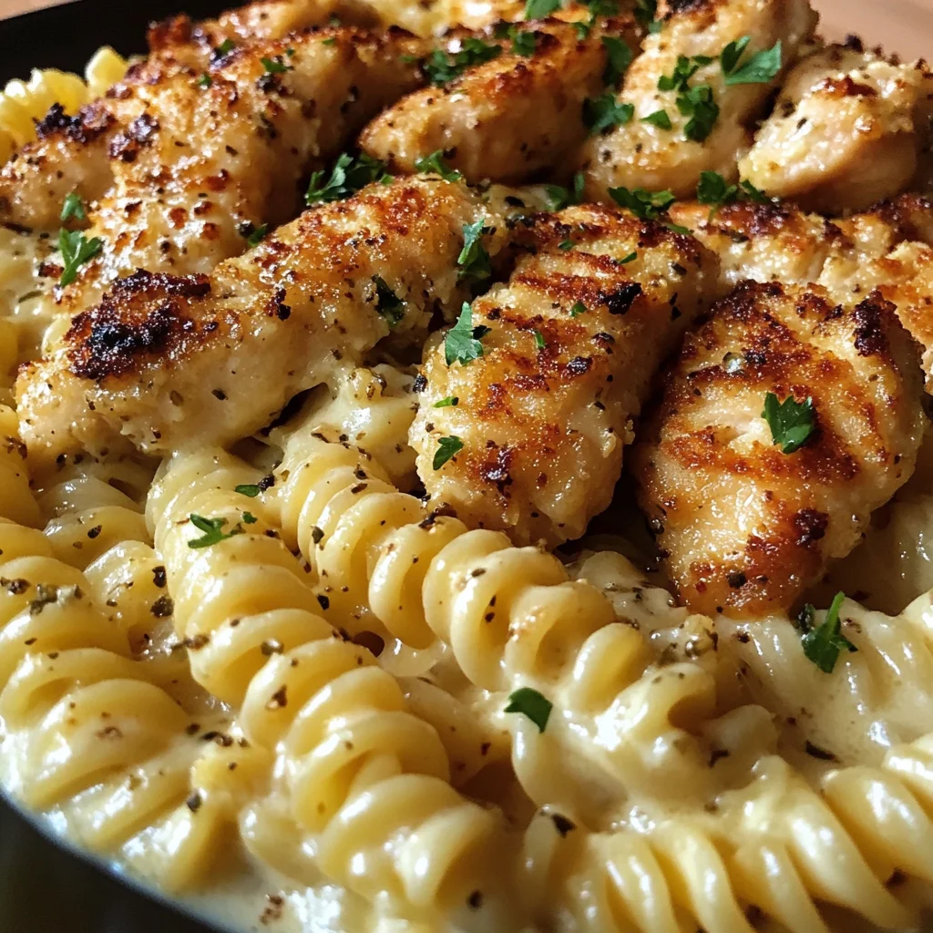 Cheesy Rotini Alfredo with Garlic Chicken Strips