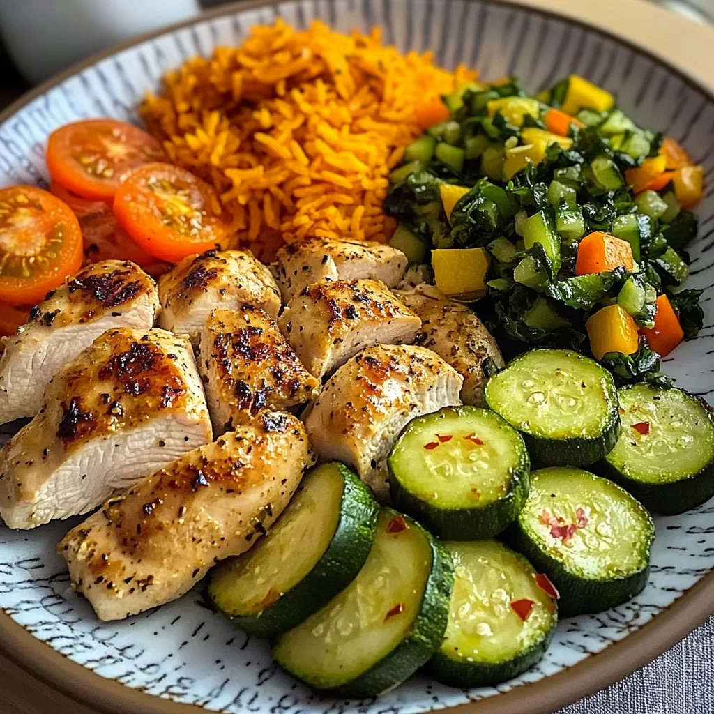 Colorful Chicken Veggie Plate with Carrot Rice & Salad