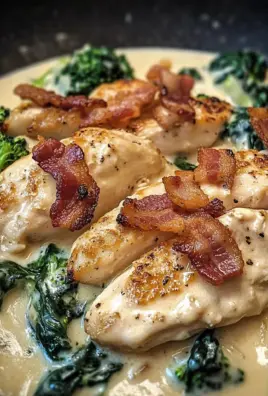 Creamy Garlic Butter Chicken Alfredo with Crispy Bacon, Spinach & Broccoli