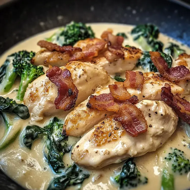 Creamy Garlic Butter Chicken Alfredo with Crispy Bacon, Spinach & Broccoli