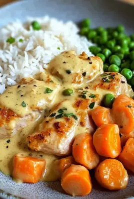 Creamy Garlic Chicken with Fluffy Rice and Glazed Carrots