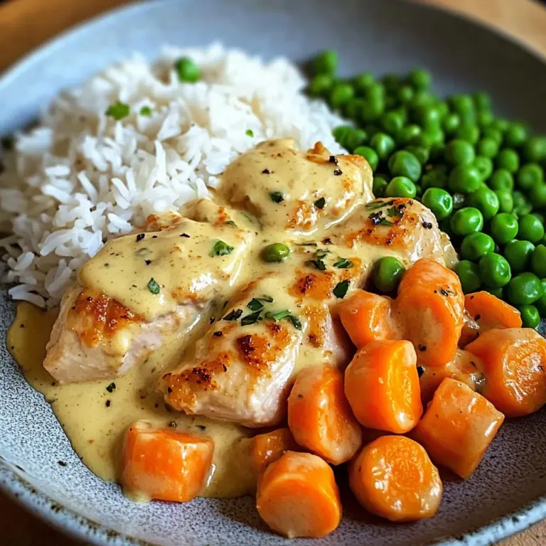 Creamy Garlic Chicken with Fluffy Rice and Glazed Carrots
