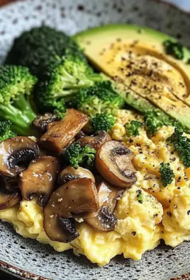 Creamy Scrambled Eggs with Avocado, Sautéed Mushrooms & Broccoli