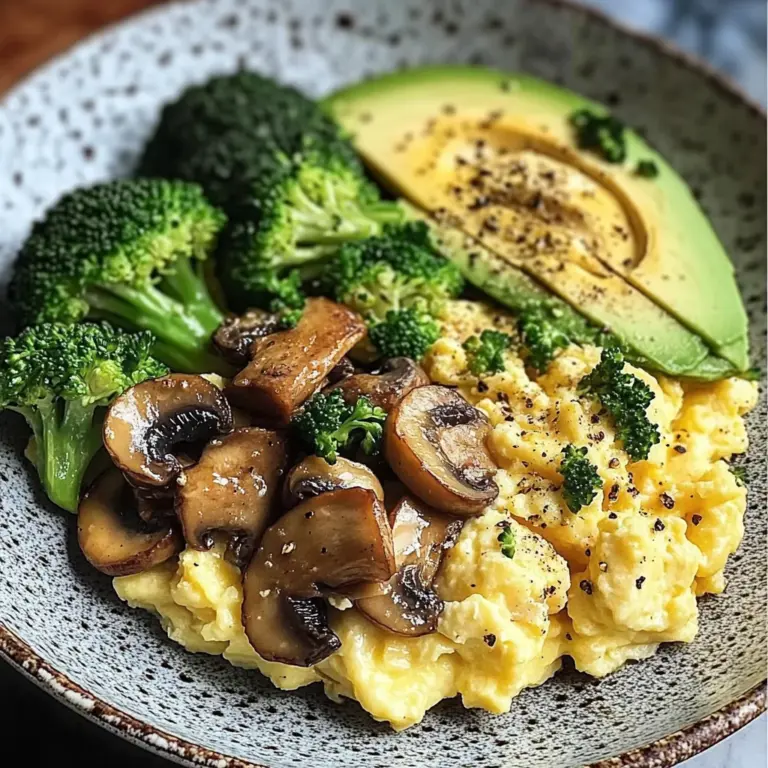 Creamy Scrambled Eggs with Avocado, Sautéed Mushrooms & Broccoli