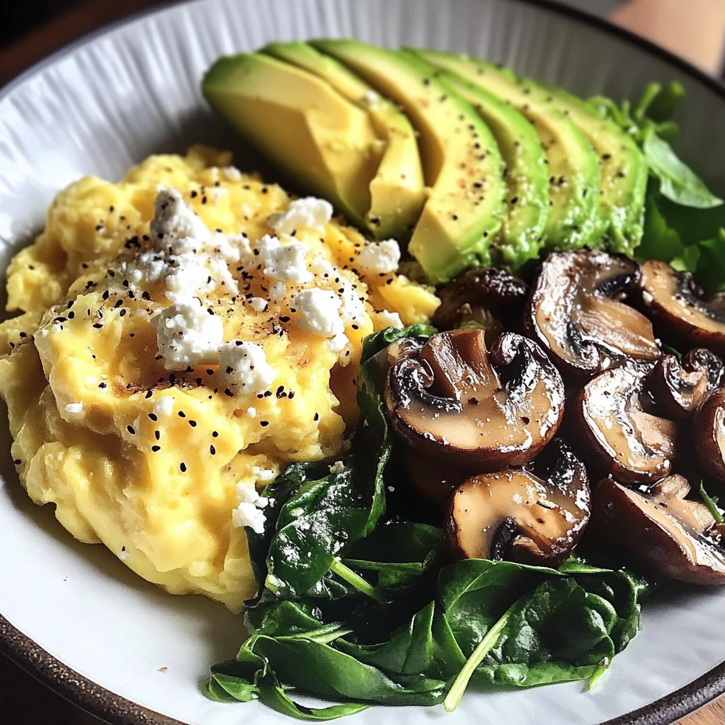 Creamy Scrambled Eggs with Sautéed Mushrooms, Spinach & Avocado
