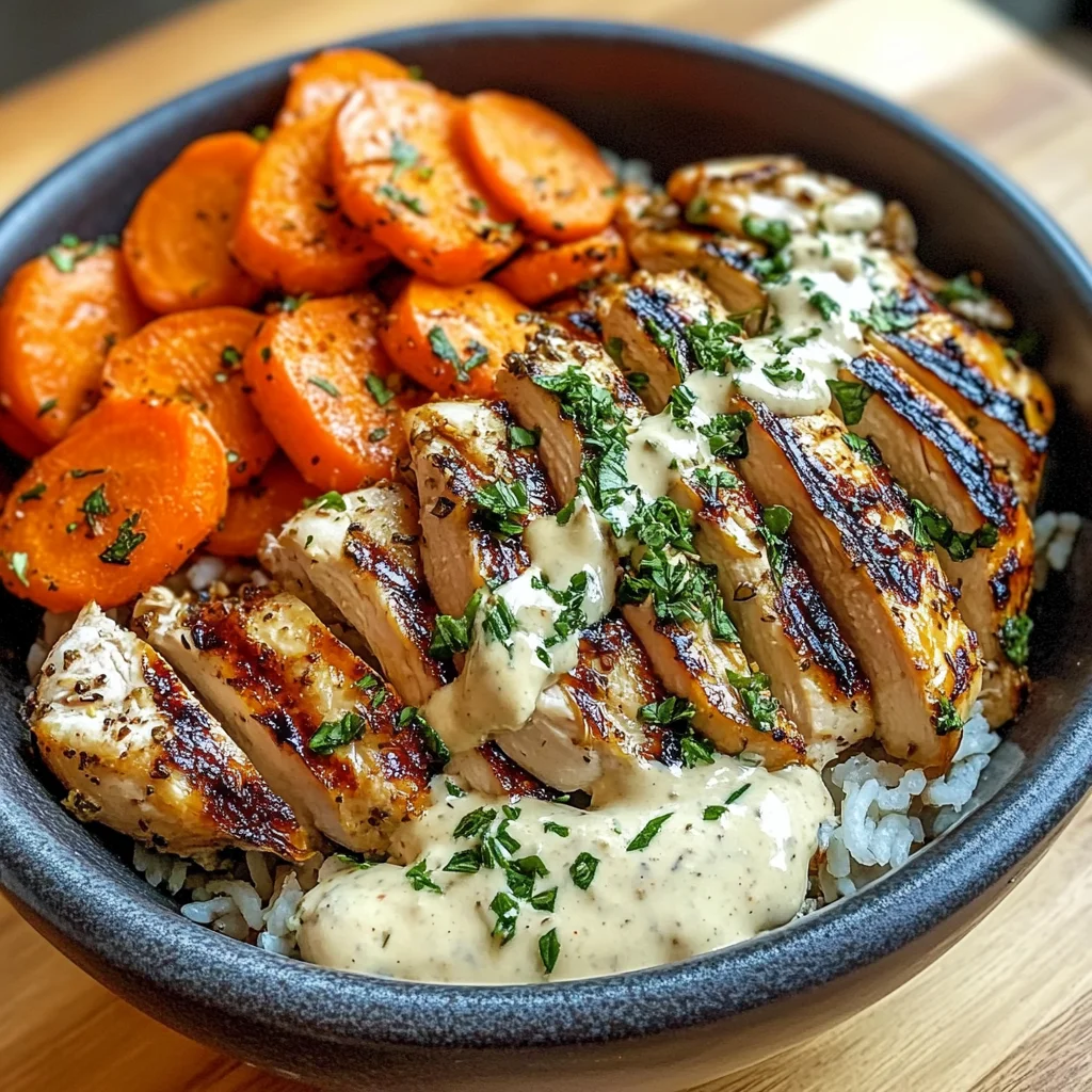 Grilled Chicken Bowl with Herbed Rice, Glazed Carrots & Creamy Sauce