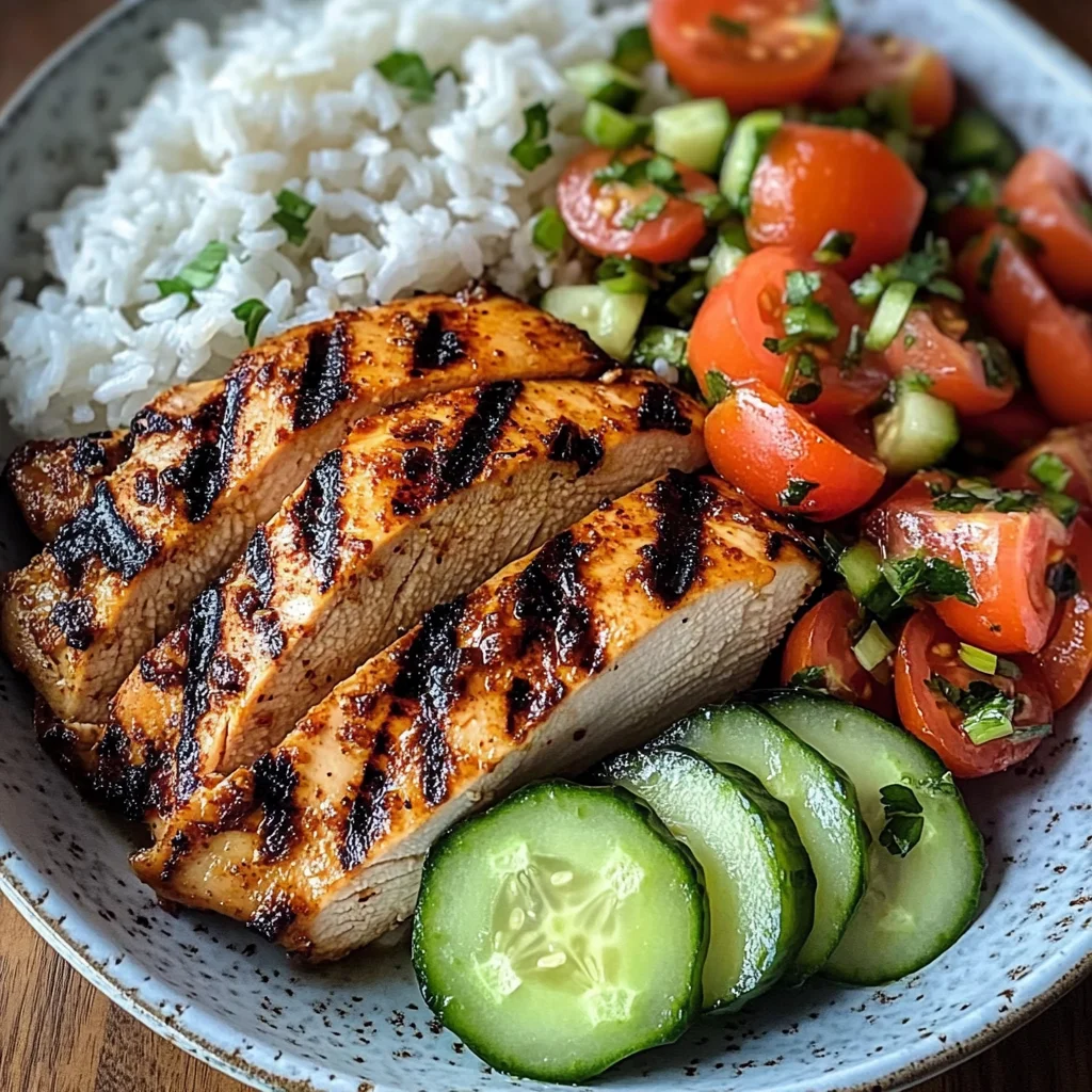 Grilled Chicken with Rice and Fresh Tomato-Cucumber Salad
