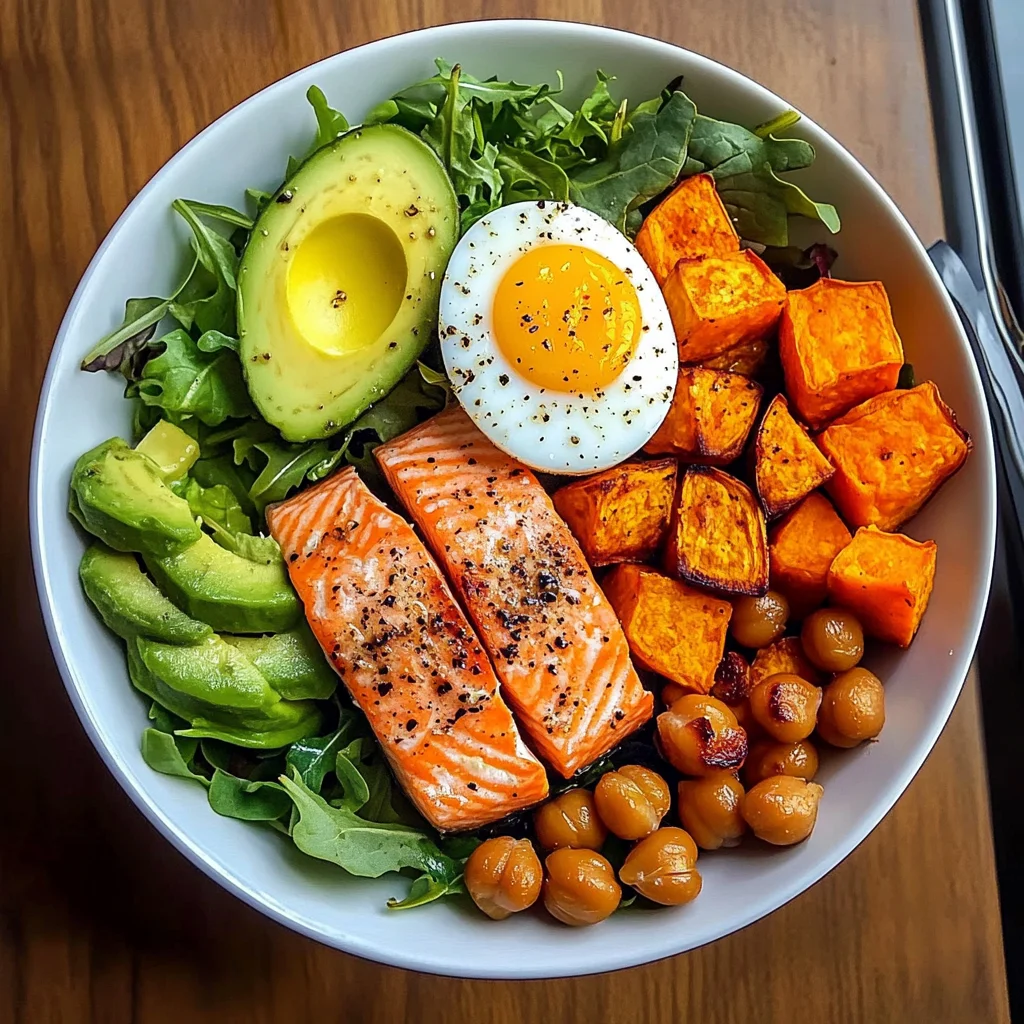 Omega Bowl: Salmon, Jammy Egg & Greens with Chickpeas & Sweet Potato