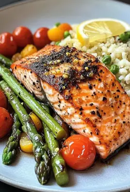 Seared Salmon with Asparagus, Cherry Tomatoes & Cauliflower Rice