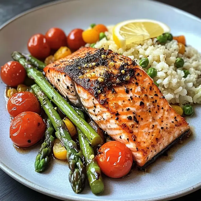 Seared Salmon with Asparagus, Cherry Tomatoes & Cauliflower Rice