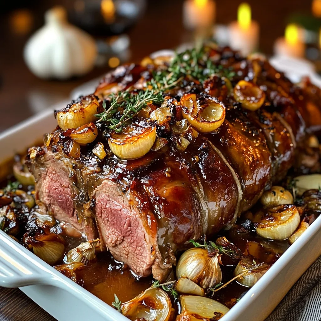 Slow-Roasted Lamb Shoulder with Roasted Garlic, Caramelized Onions & Honey Herb Glaze