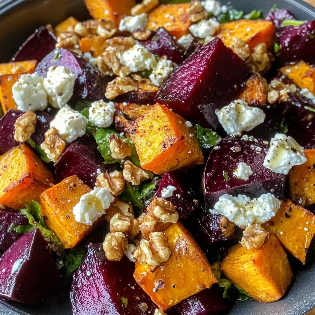 Creamy Roasted Beet Salad with Sweet Potato & Feta