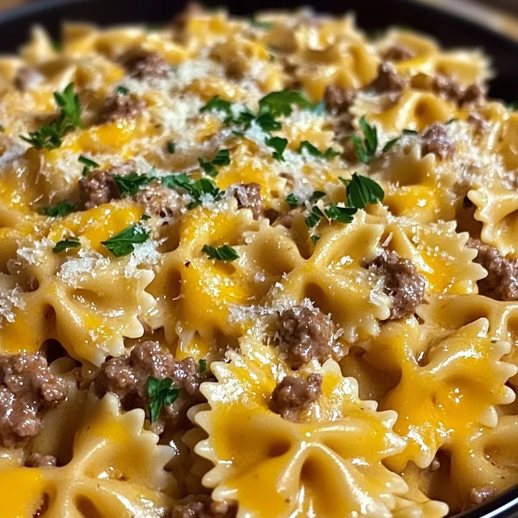 Garlic Butter Beef & Cheesy Bowtie Pasta