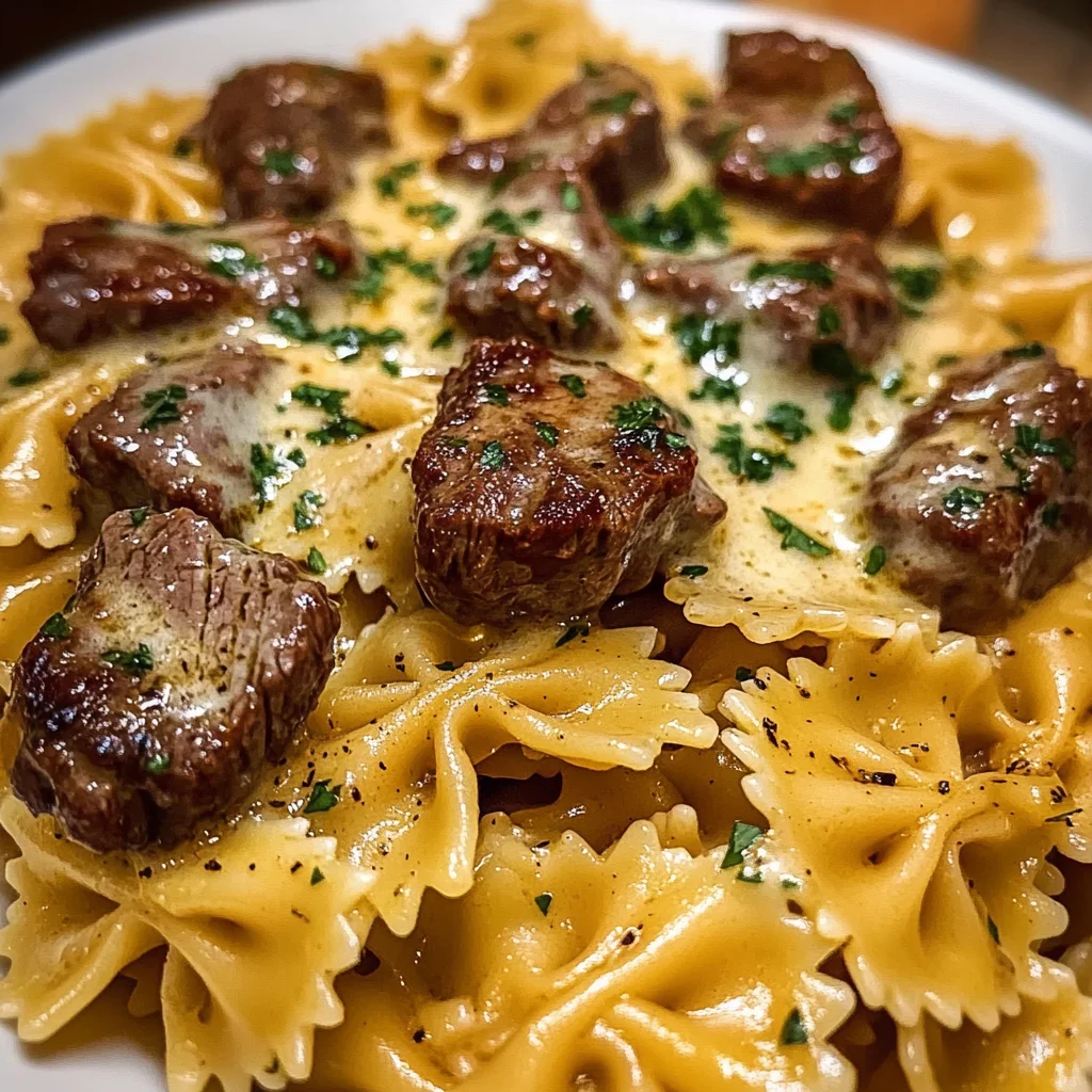 Beef and Bowtie Pasta in Cheddar Sauce