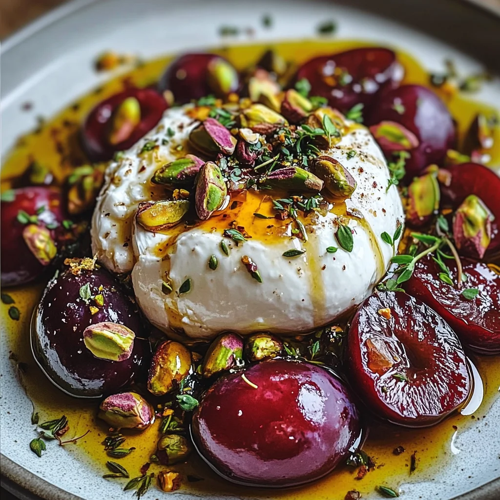 Burrata with Roasted Plums, Pistachios & Thyme