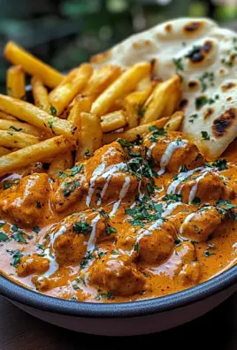 Creamy Butter Chicken with Garlic Drizzle, Fries & Warm Naan