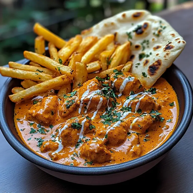 Creamy Butter Chicken with Garlic Drizzle, Fries & Warm Naan