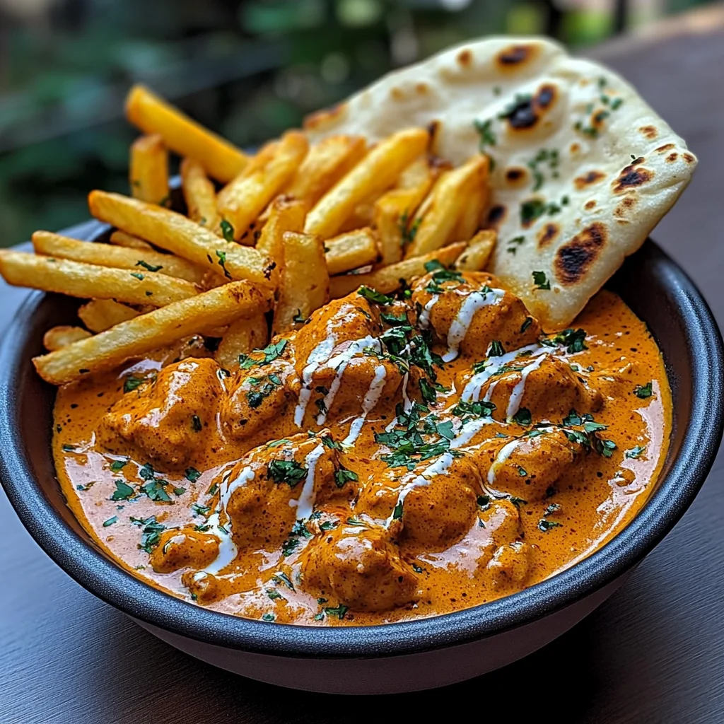 Creamy Butter Chicken with Garlic Drizzle, Fries & Warm Naan