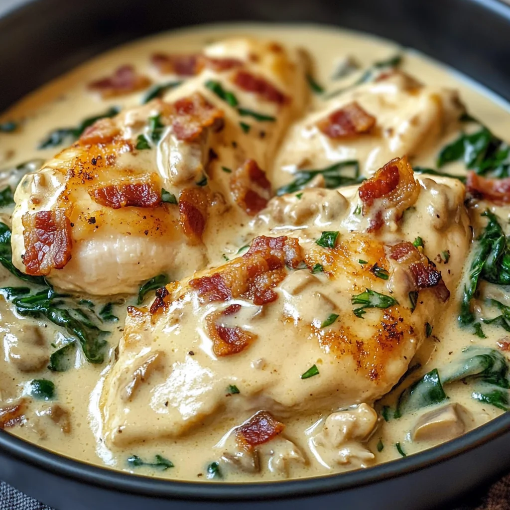 Creamy Chicken Stroganoff with Spinach and Crispy Bacon