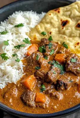 Creamy Coconut Curry Beef with Rice and Garlic Naan
