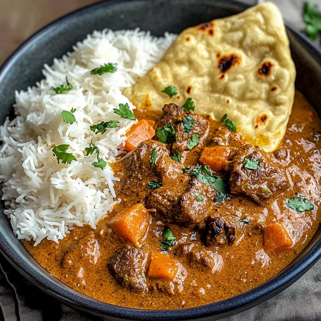 Creamy Coconut Curry Beef with Rice and Garlic Naan