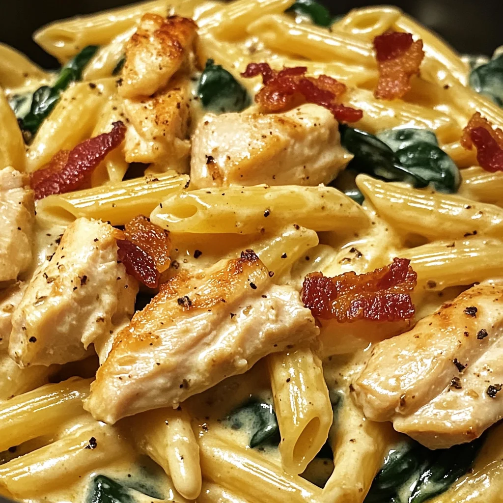 Creamy Garlic Chicken Bacon Penne with Spinach