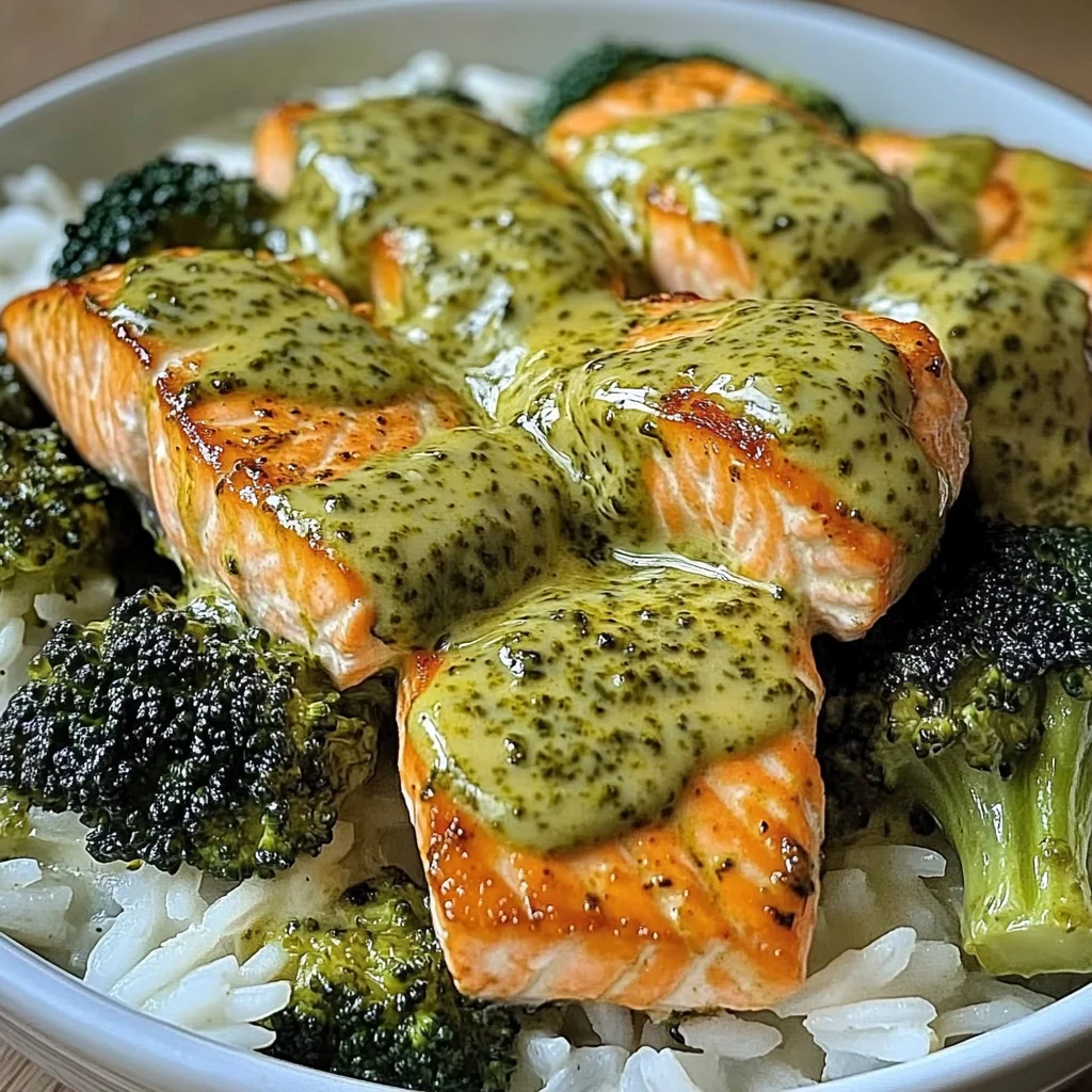 Creamy Pesto Salmon with Broccoli & Rice