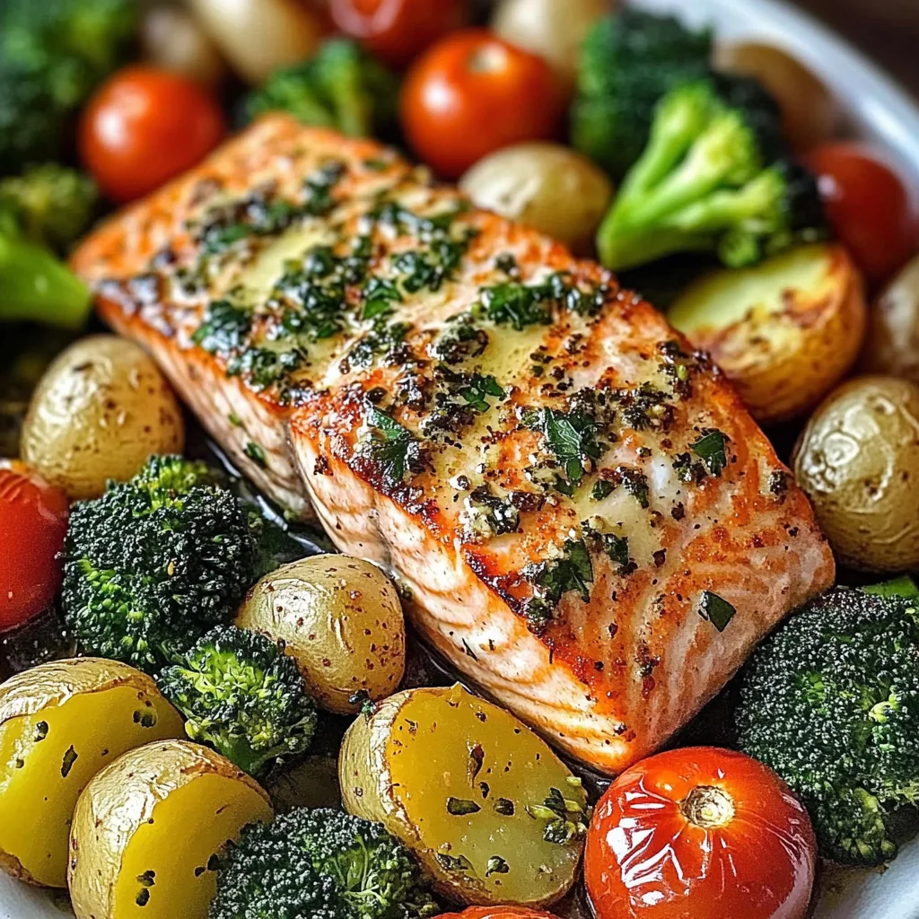 Garlic Butter Salmon with Roasted Veggies & Baby Potatoes