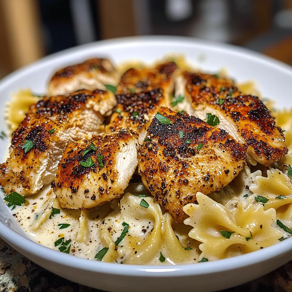 Garlic Chicken with Cheesy Bowtie Alfredo