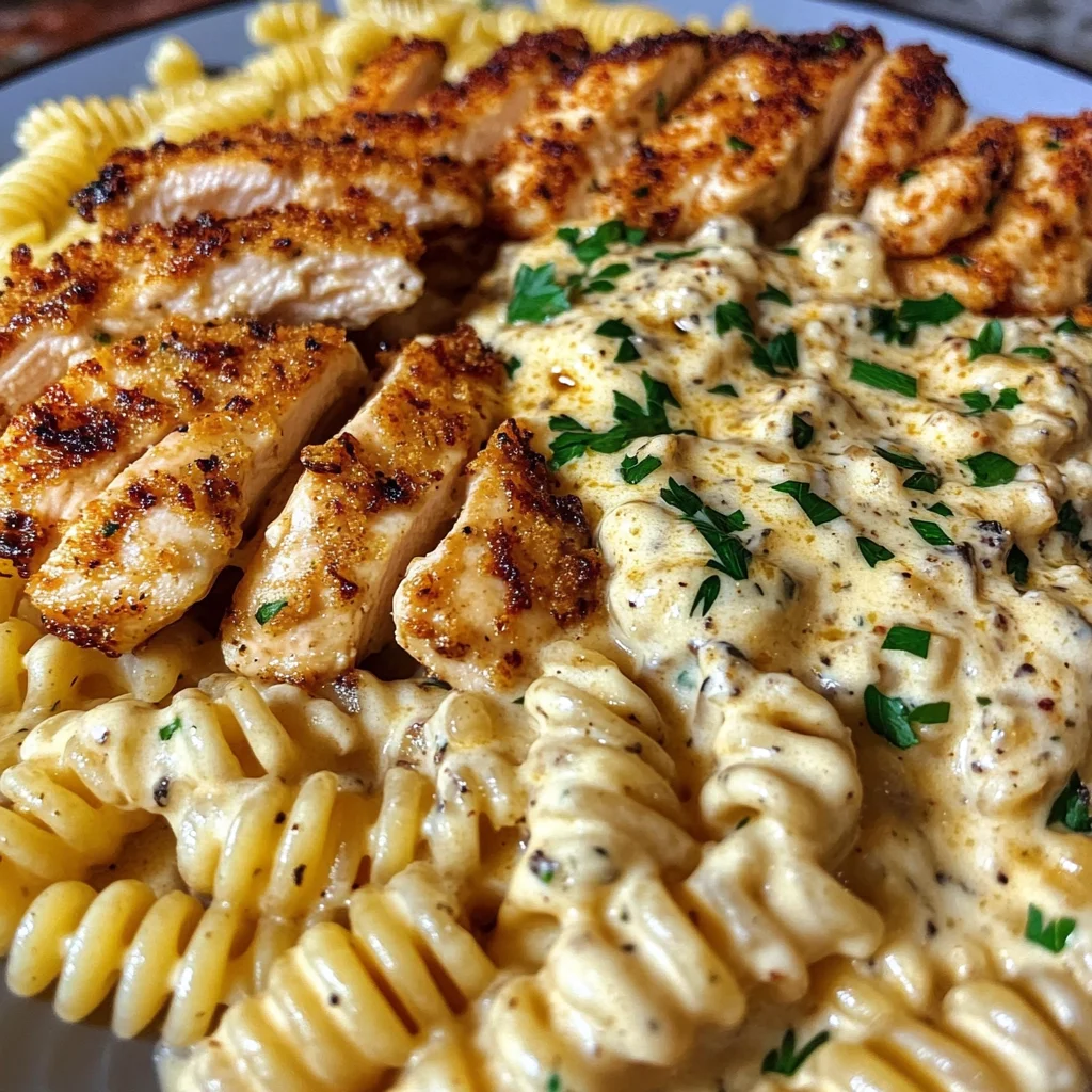 Garlic Parmesan Chicken Rotini in ThreeCheese Cajun Cream Sauce