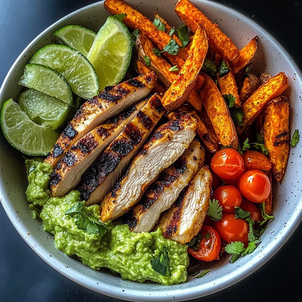 Grilled Chicken Power Bowl with Sweet Potato Fries & Guacamole