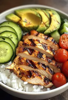 Grilled Chicken Rice Bowl with Avocado, Cucumber & Cherry Tomatoes