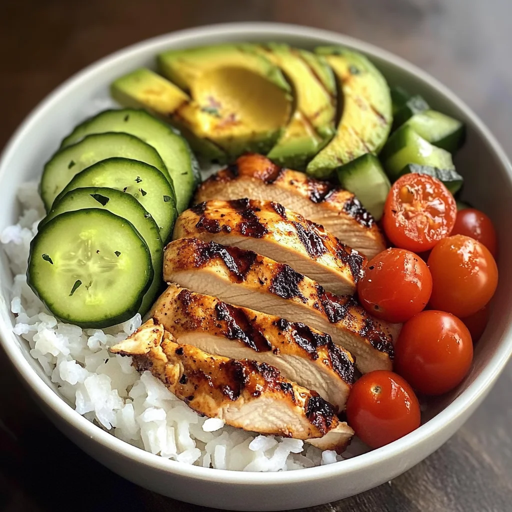 Grilled Chicken Rice Bowl with Avocado, Cucumber & Cherry Tomatoes