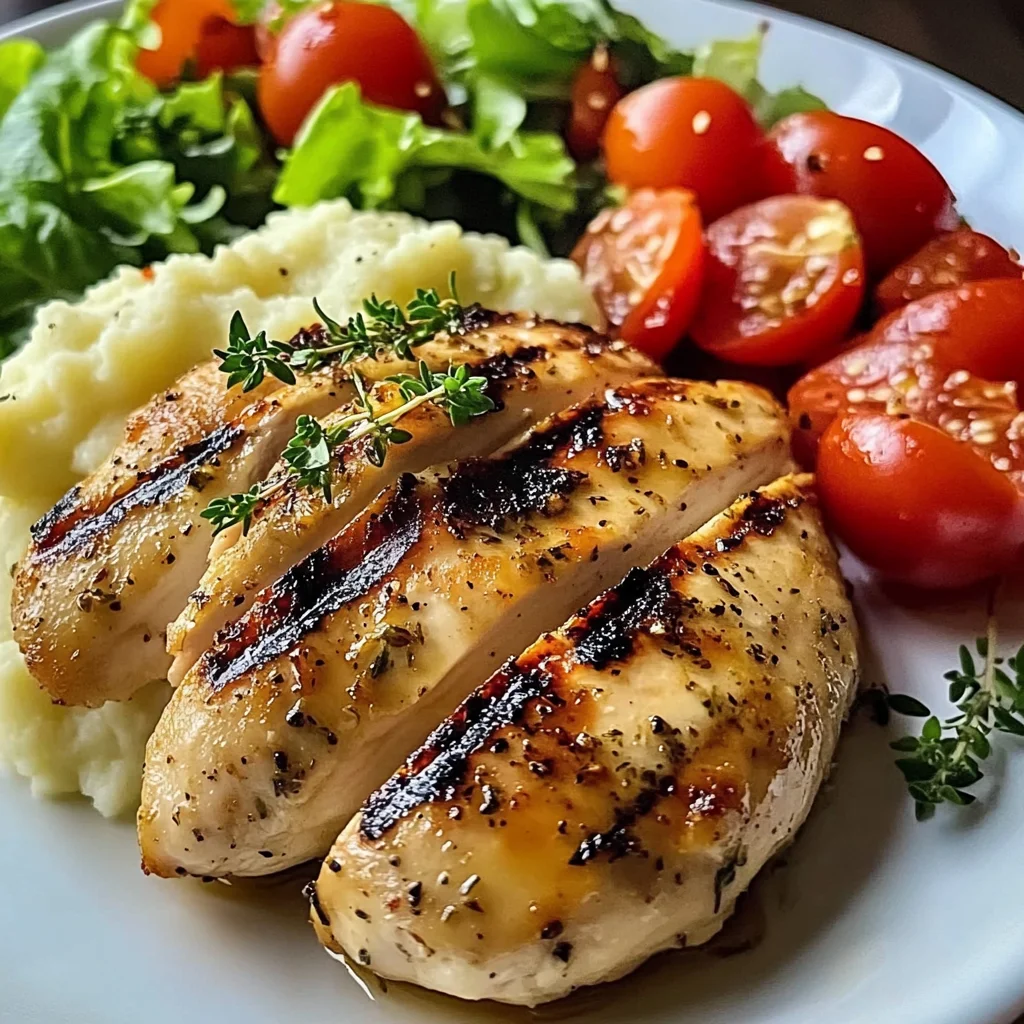 Grilled Garlic Herb Chicken with Creamy Mashed Potatoes & Fresh Garden Salad