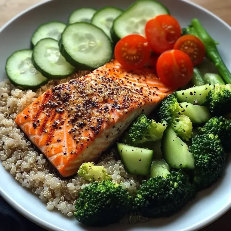 Grilled Salmon Power Plate with Quinoa & Steamed Veggies
