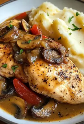 Pan-Seared Chicken with Pepper & Mushroom Gravy and Creamy Mashed Potatoes
