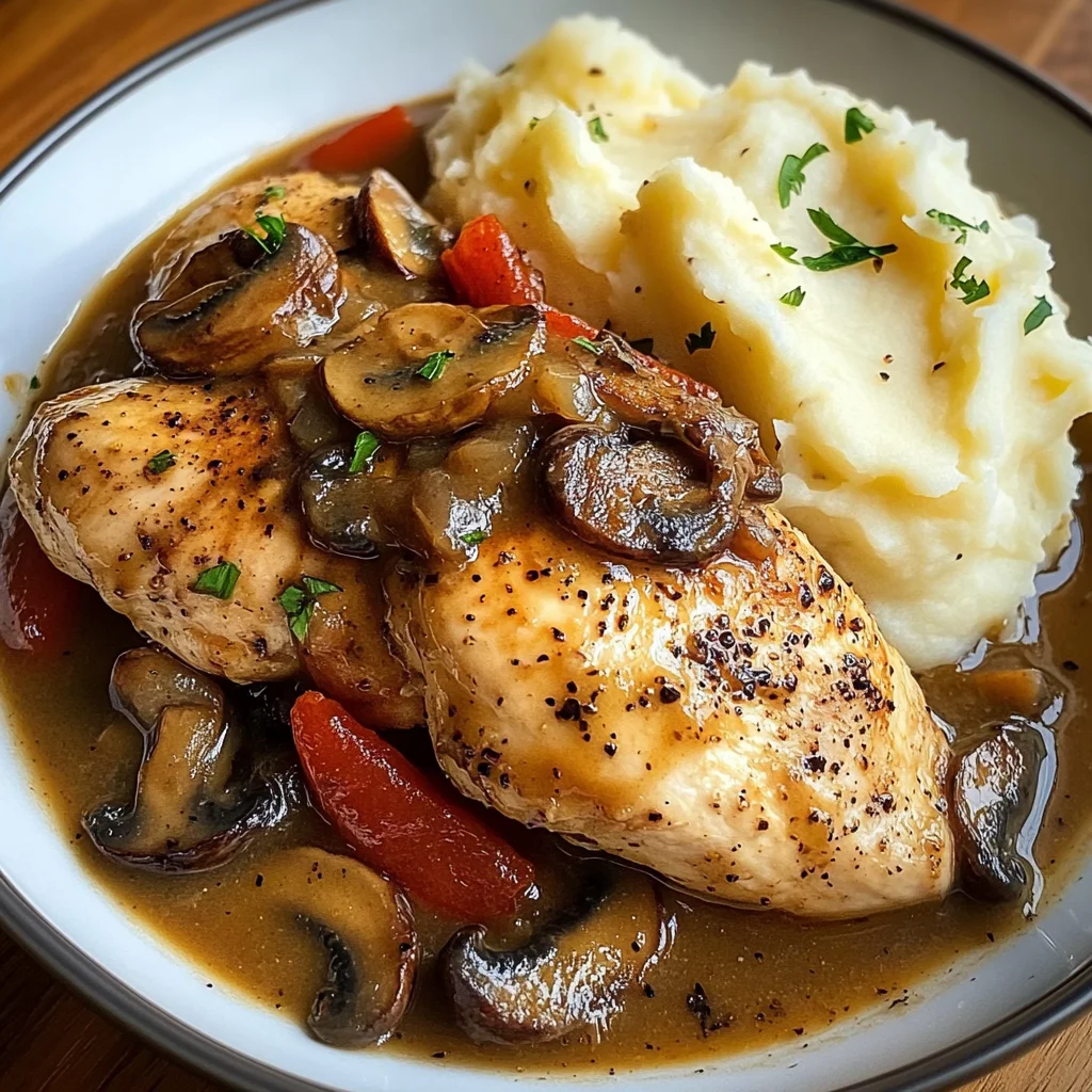 Pan-Seared Chicken with Pepper & Mushroom Gravy and Creamy Mashed Potatoes