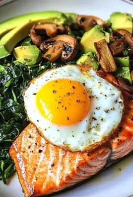 Pan-Seared Salmon with Sunny Egg, Sautéed Spinach, Mushrooms & Avocado