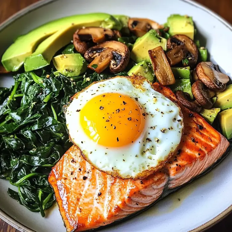 Pan-Seared Salmon with Sunny Egg, Sautéed Spinach, Mushrooms & Avocado