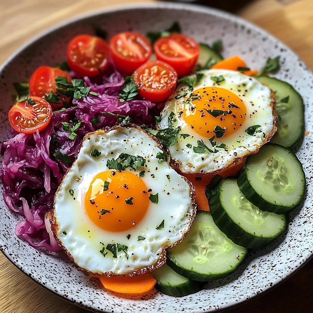 Rainbow Veggie and Sauerkraut Plate with Sunny Eggs
