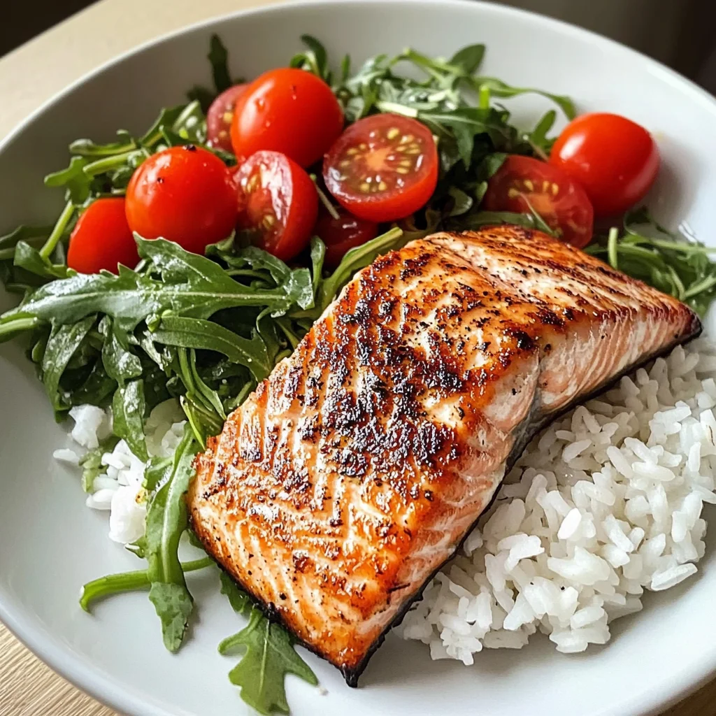 Seared Salmon with Rice & Arugula Tomato Salad