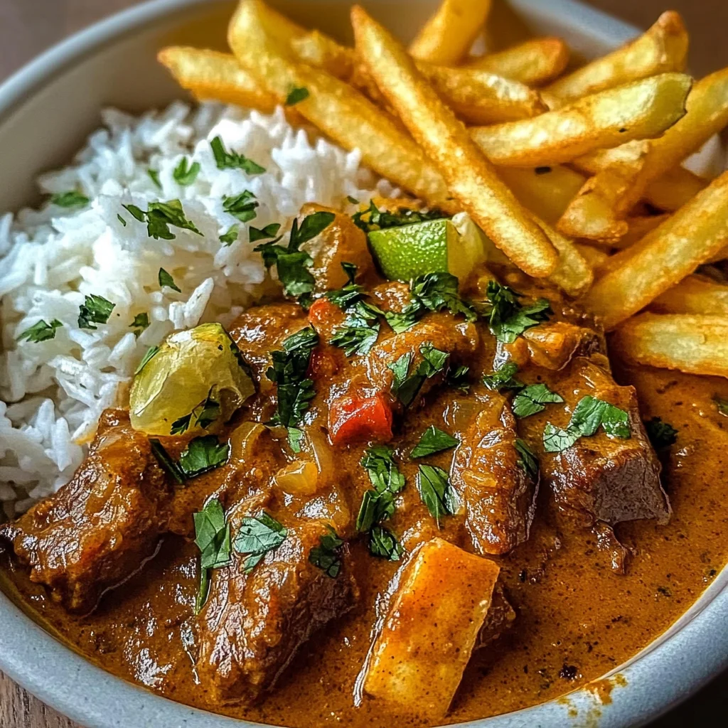 Slow-Cooked Beef Coconut Curry with Rice & Crispy Fries