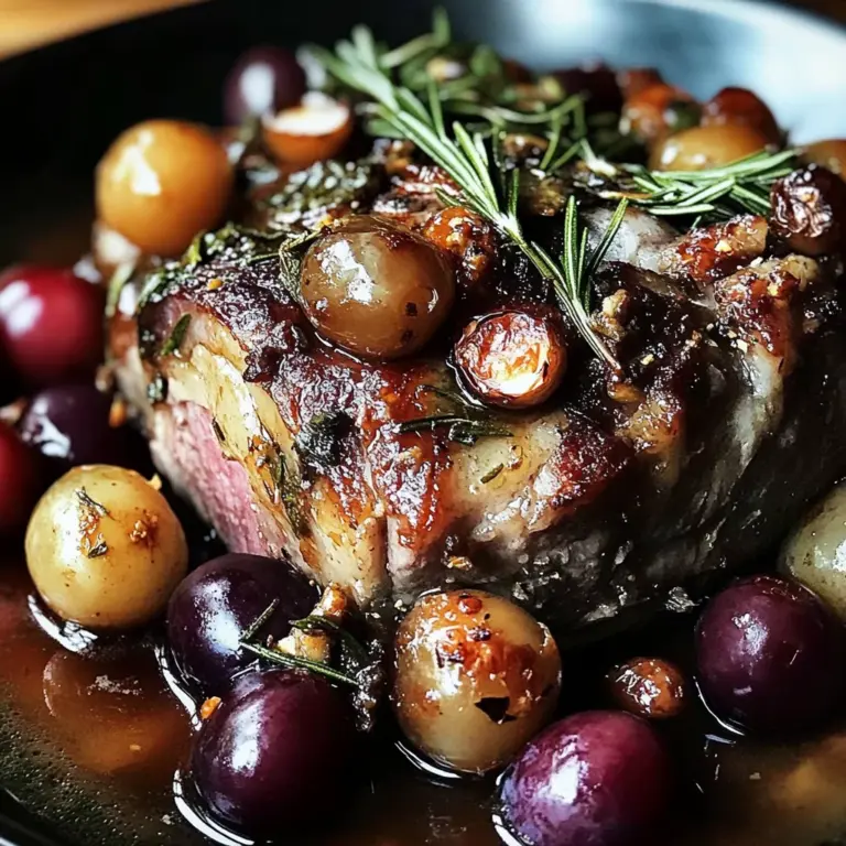 Slow-Roasted Lamb Shoulder with Rosemary, Garlic Cream & Caramelized Grapes