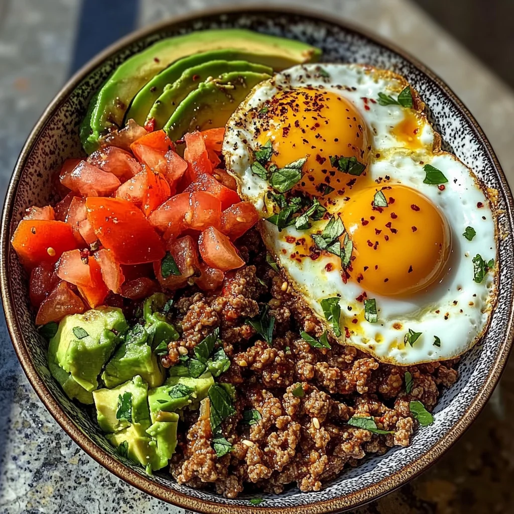 Spicy Avocado & Beef Protein Bowl with Fried Eggs