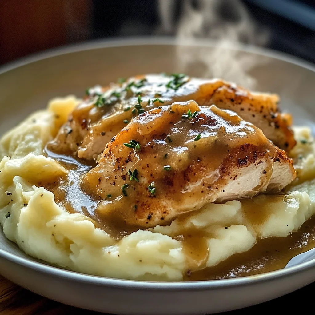 Chicken and Garlic Gravy with Cheesy Mashed Potatoes