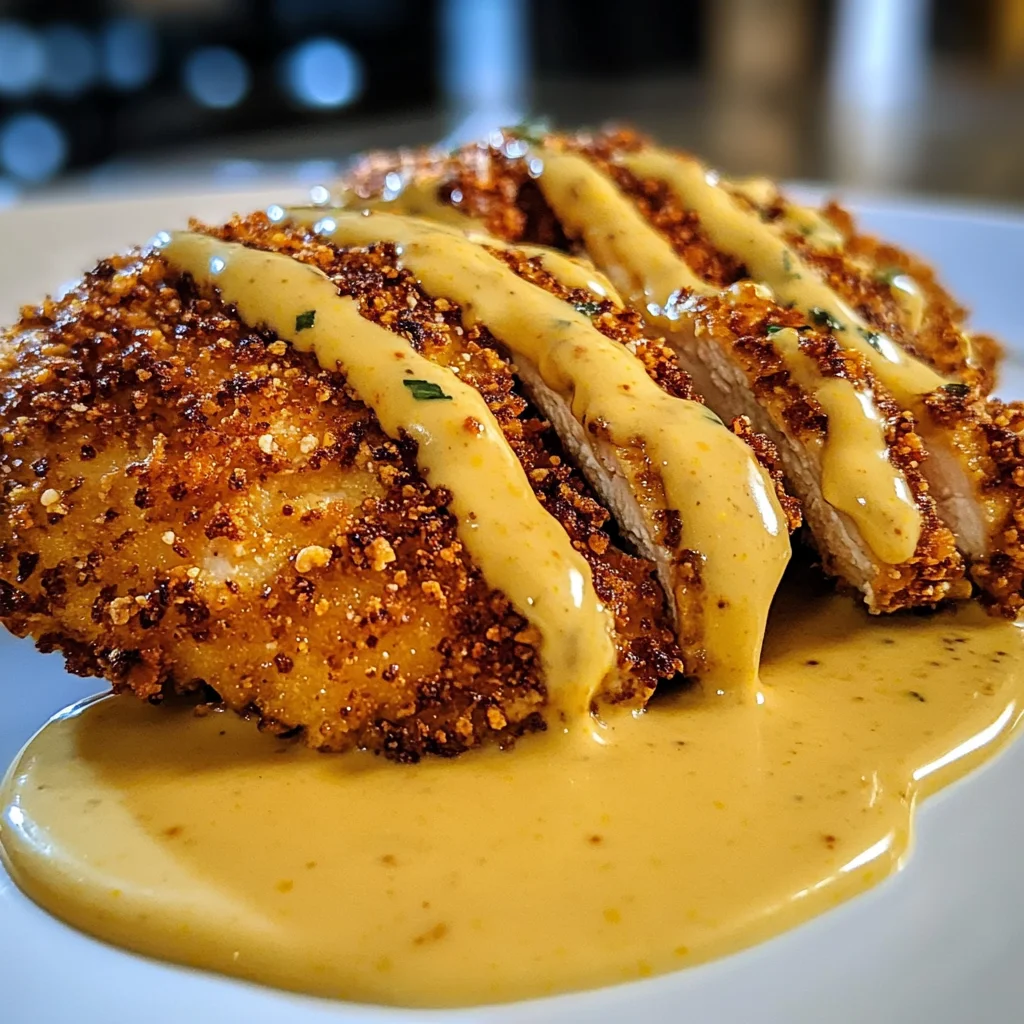 Savory Pretzel Chicken with Mustard-Cheddar Sauce Delight