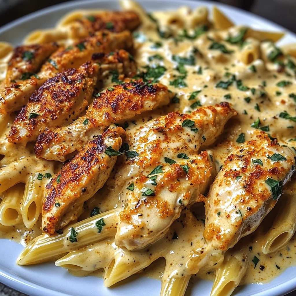 Garlic Parmesan Chicken Penne in Creamy Cajun Three-Cheese Sauce